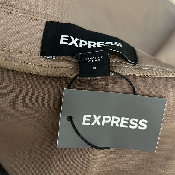 Expressss Skirt Sz 8 Tan Brown Slimming Ruffle Front Side Zipper Midi New Silky - Picture 7 of 9